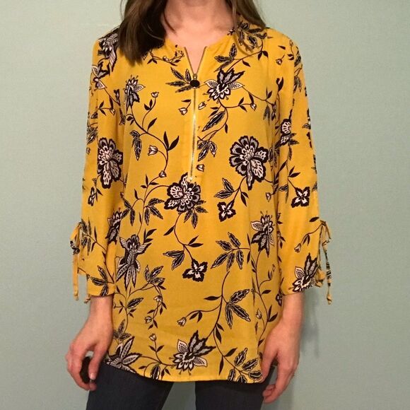 Counterparts Yellow Chiffon Floral Blouse w/ Zipper size Small - Picture 3 of 10